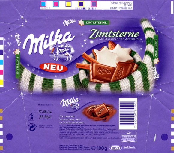 Milka, Alpine milk chocolate with pieces of cinnamon, 100g, 27.05.2003, Kraft Foods Deutschland, Bremen, Germany