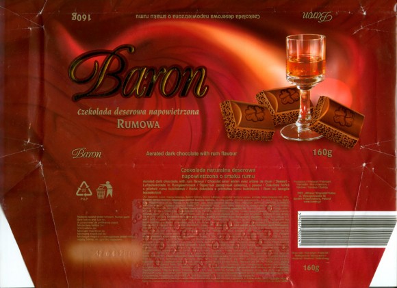Baron, aerated dark chocolate with rum flavour, 160g, 12.06.2008, Millano LTD, Przezmierowo, Poland