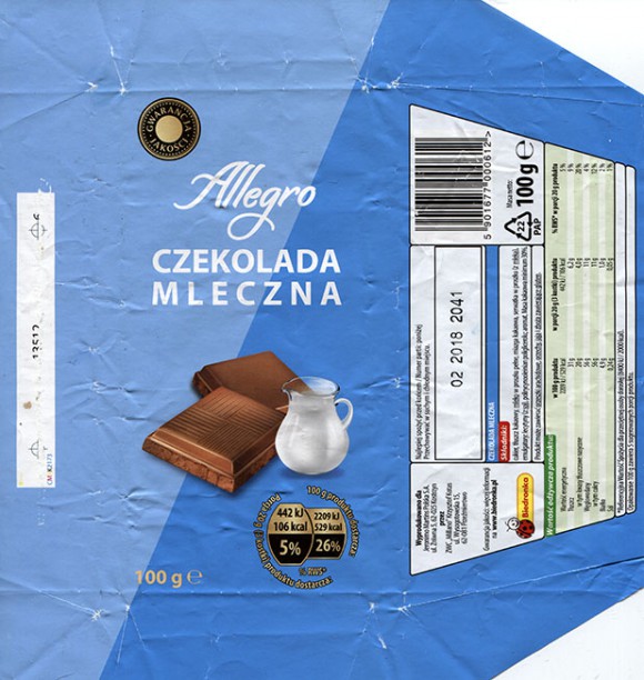 Allegro, milk chocolate, 100g, 02.2017, ZWC Millano, Przezmierowo, Poland