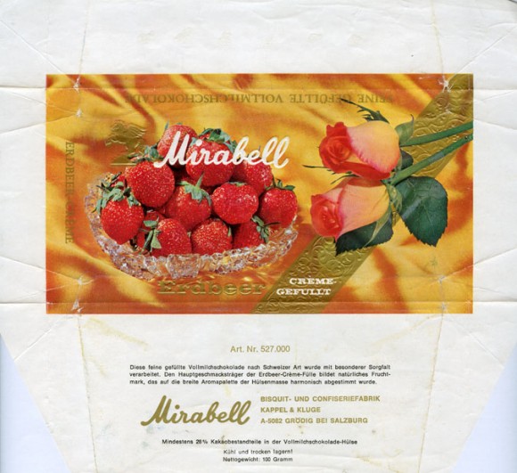 Milk chocolate with strawberry cream filling, 100g, about 1970, Mirabell, Salzburg-Grodig, Austria
