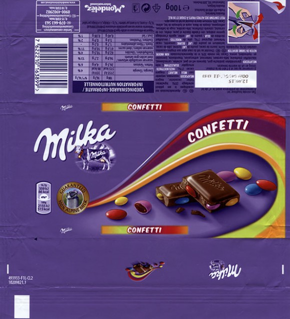 Milka, Confetti, Alpine milk Chocolate with cocoa dragees in a colored sugar layer, 100g, 12.09.2014, Mondelez International, Begium, Mechelen