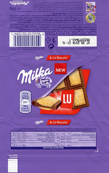 Milka, milk chocolate with Lu biscuits, 35g, 07.09.2017, Mondelez International, Budapest, Hungary