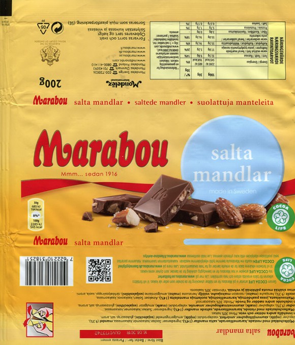 Marabou, salta mandlar, milk chocolate with roasted, caramelized, salted mantels, 200g, 16.06.2017, Mondelez International (Sverige), Sweden