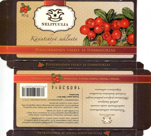 Lingonberry white and dark chocolate, 80g, 18.05.2013, Nelituulia Oy, Oulunsalo, Finland