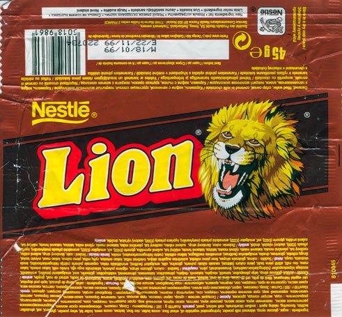 Lion, caramel, filled wafer, crisp cereal, cevered in milk chocolate, 45g, 18.01.1999
Nestle