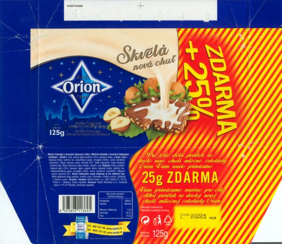 Skvela nova chut, milk chocolate with hazelnuts. 125g, 05.2003
Nestle Orion, Praha, Czech Republic
