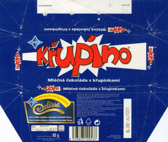 Krupino, milk chocolate with crispies, 85g, 01.2004,  Nestle Orion, Praha, Czech Republic
