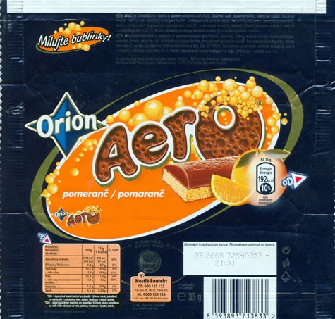 Milk chocolate with air orange praline filling, 35g, 07.2007, Orion Nestle Cesko s.r.o, Praha, Czech Republic