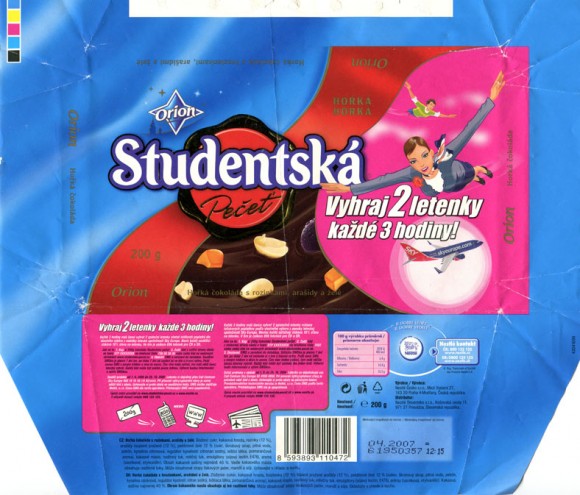 Studentska pecet, dark chocolate with raisins, peanuts and jelly pieces, 200g, 04.2006, Nestle Cesko s.r.o, Praha, Czech Republic