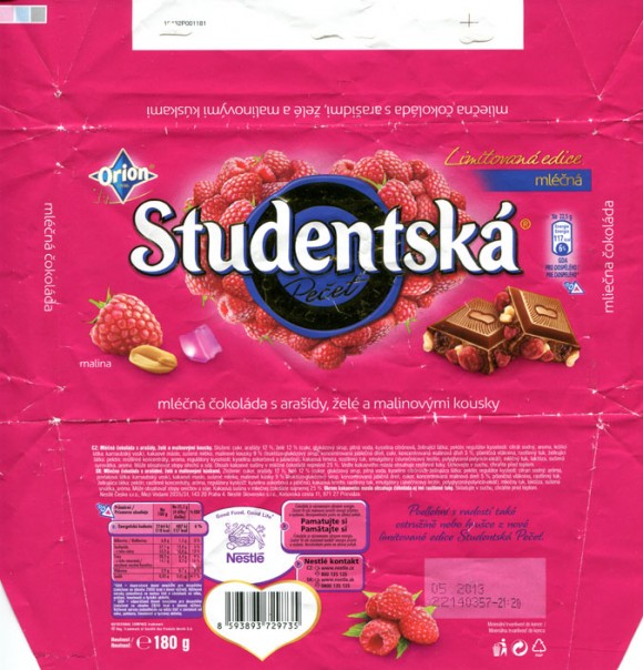 Studentska, milk chocolate with nuts and raspberry filling, 180g, 05.2012, Nestle Cesko s.r.o, Praha, Czech Republic