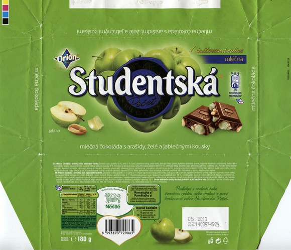 Studentska Pecet, milk chocolate with nuts and apple pieces, 180g, 05.2012, Nestle Cesko s.r.o, Praha, Czech Republic