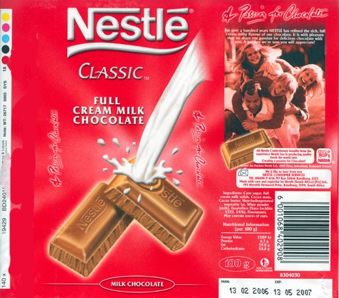 Milk chocolate, 100g, 13.02.2006, Nestle South Africa Ltd, Randburg, South Africa