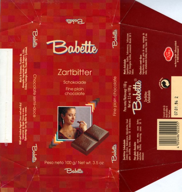 Babette, fine plain chocolate, 100g, 07.01.1993, van Netten GmbH Susswarenfabrik, Dortmund, Germany
