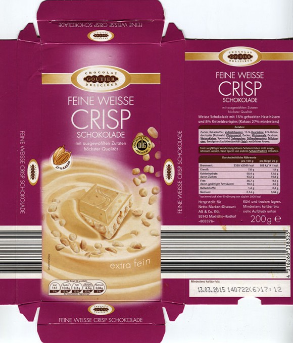 Fine white chocolate with crisp, 200g, 13.03.2014, made for Netto Marken-Discount AG & Co. KG, Maxhutte-Haidhof, Germany