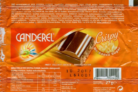 Canderel, milk chocolate with rice crispy, no added sugar, 27g, 10.2006, Oriola Oy Reformi-Keskus, Espoo, Finland