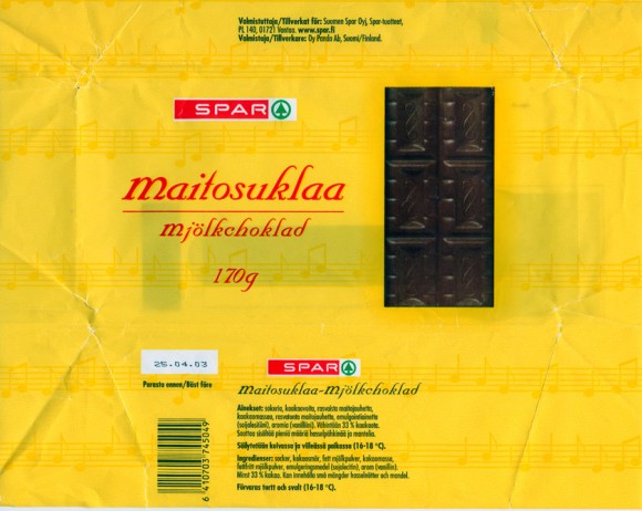 Spar milk chocolate, 170g, 04.2002
Oy Panda Ab, Vaajakoski