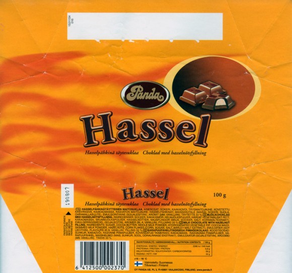 Hassel, milk chocolate with hazelnut filling, 100g, 19.08.2006, OY Panda AB, Vaajakoski, Finland