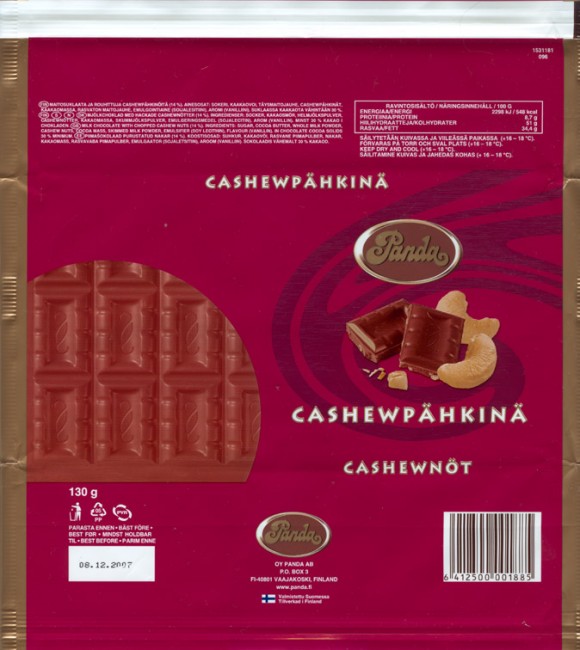 Milk chocolate  with chopped cashew nuts, 130g, 08.12.2006, OY Panda AB, Vaajakoski, Finland