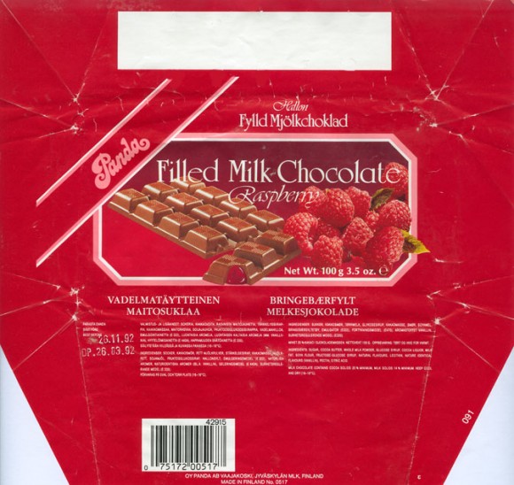 Raspberry filled milk chocolate, 100g, 26.03.1992, OY Panda AB, Vaajakoski, Finland