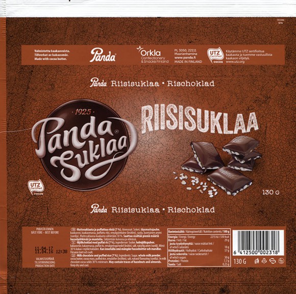 Riisisuklaa, milk chocolate and puffed rice, 130g, 11.04.2016, Orkla Confectionery and Snacks Finland, Panda, Maarianhamina, Finland