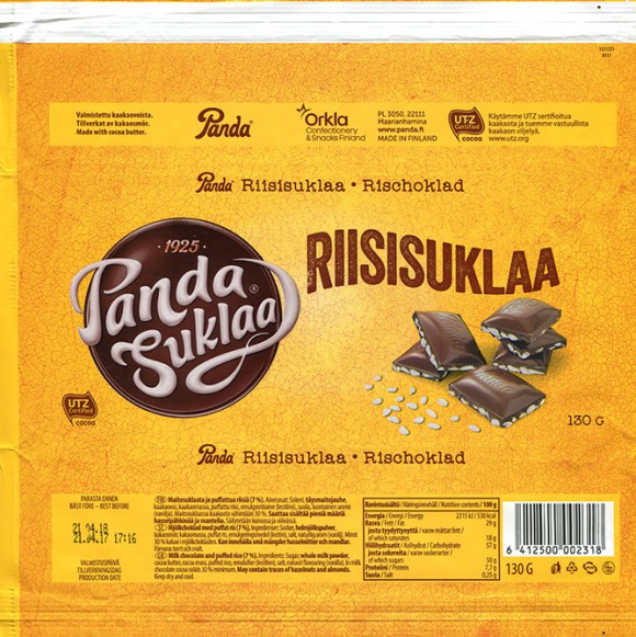 Riisisuklaa, milk chocolate and puffed rice, 130g, 21.04.2017, Oy Panda AB, Vaajakoski, Finland