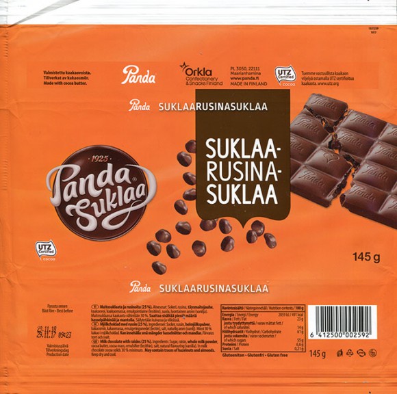 Milk chocolate with raisins, 145g, 29.11.2017, Oy Panda AB, Vaajakoski, Finland