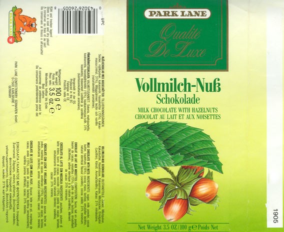 Milk chocolate with hazelnuts, 100g, 02.05.1991, Park Lane Confectionery susswaren GmbH, Karlsruhe 1, Germany