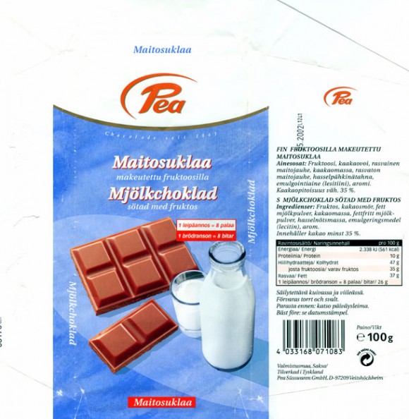 Fructose milk chocolate, 100g, 05.2002
Pea Susswaren GmbH, D-97209 Veitshochheim