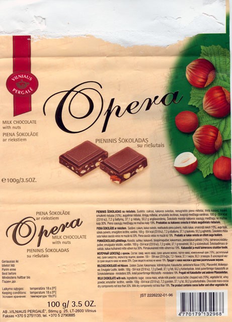 Opera, milk chocolate with raisins and nuts, 100g, 21.06.2004
Pergale, Vilnius, Lithuania