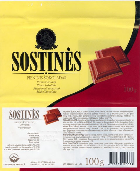 Sostines, milk chocolate, 100g, 10.11.2003
Pergale, Vilnius, Lithuania