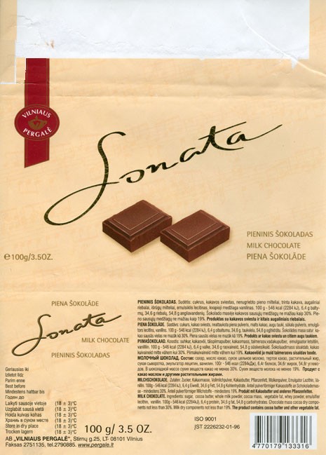 Sonata, milk chocolate, 100g, 22.04.2005, Vilnaus Pergale, Vilnius, Lithuania