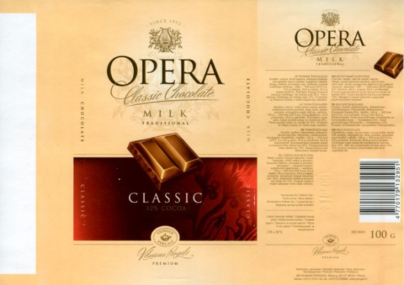 Opera, classic milk chocolate, 100g, 31.05.2007, AB Vilniaus Pergale, Vilnius, Lithuania