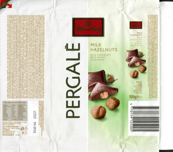 Milk chocolate with whole hazelnuts, 100g, 09.2011, Vilniaus Pergale AB, Vilnius, Lithuania
