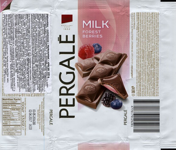 Milk chocolate with berries, 100g, 03.05.2016, Vilniaus Pergale AB, Vilnius, Lithuania
