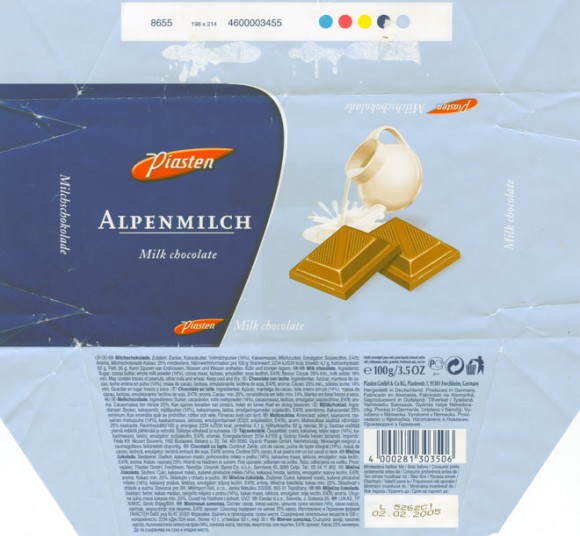 Alpenmilch, milk chocolate, 100g, 02.02.2004
Piasten GmbH&Co.KG, Forchheim