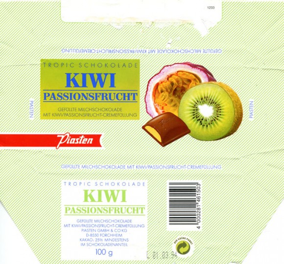 Milk chocolate with tropic fruits filling, 100g, 01.03.1993, Piasten GmbH & Co KG., Forchheim, Germany