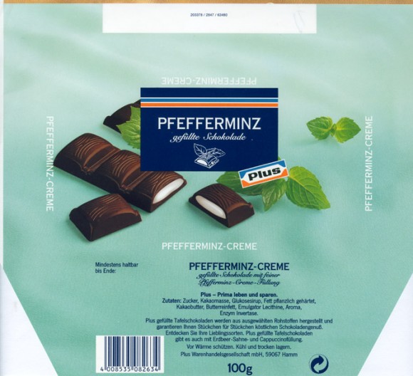 Milk chocolate filled with peppermint flavoured cream, 100g, Plus Warenhandelsgesellschaft mbH, Hamm, Germany