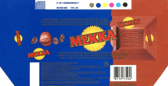 Mekka, milk chocolate with hazelnuts and raisins, 45g, made in Belgium for W.I. Verduijn B.V. Elftweg, Raamsdonksveer, Holland