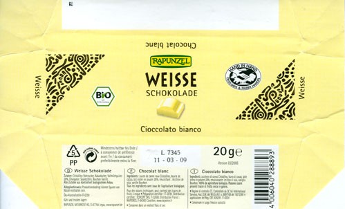 White chocolate, 20g, 11.03.2008, Rapunzel Naturkost AG, Legau, Germany