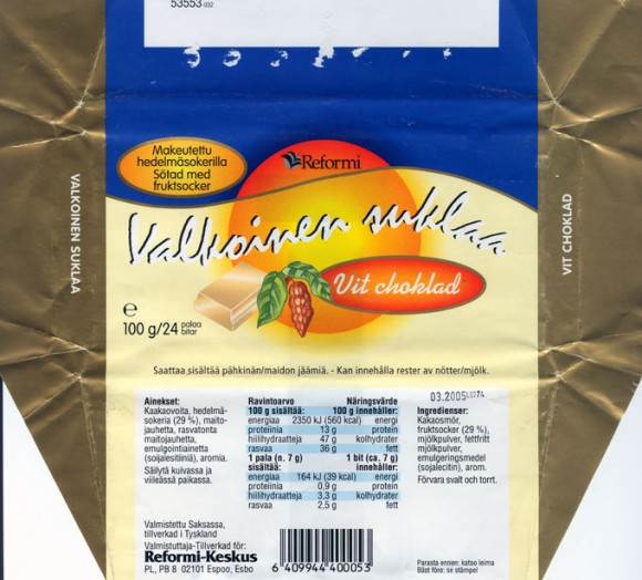 Valkoinen suklaa, white chocolate, sugar free, 100g, 03.2004
Reformi-keskus, Espoo, Finland
Made in Germany