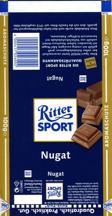 Ritter sport, gianduia nugat, milk chocolate, 100g, 09.2005, Alfred Ritter GmbH & Co. Waldenbuch, Germany