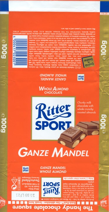 Ritter sport, ganze mandel, milk chocolate with whole almond, 100g, 10.1998, Alfred Ritter GmbH & Co. Waldenbuch, Germany