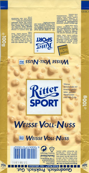 Ritter sport, weisse voll-nuss, white chocolate with whole hazelnuts and crispy rice, 100g, 10.1997, Alfred Ritter GmbH & Co. Waldenbuch, Germany
