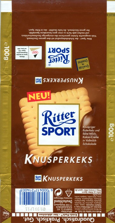 Ritter sport, knusperkeks, milk chocolate with crispy, 100g, 09.1998, Alfred Ritter GmbH & Co. Waldenbuch, Germany