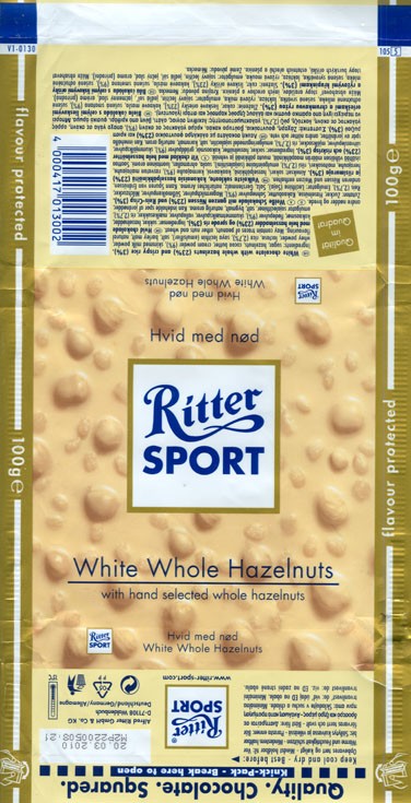 Ritter sport, white chocolate with whole hazelnuts, 100g, 20.03.2009, Alfred Ritter GmbH & Co. Waldenbuch, Germany