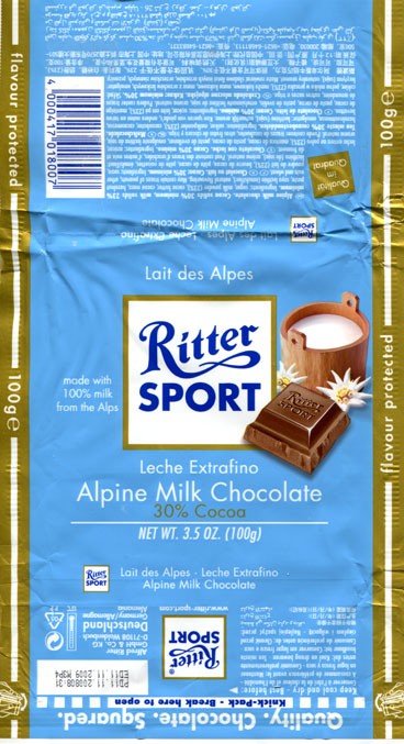 Ritter sport, milk chocolate, 100g, 2008, Alfred Ritter GmbH & Co. Waldenbuch, Germany