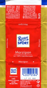 Ritter sport, milk chocolate with marzipan filling, 16,67g, Alfred Ritter GmbH & Co. Waldenbuch, Germany
