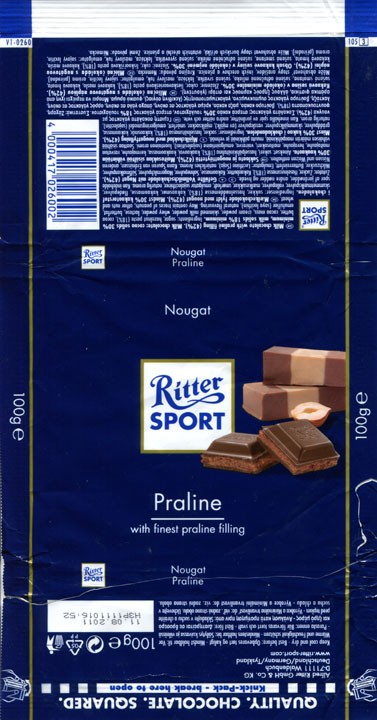 Ritter sport, milk chocolate with praline filling, 100g, 11.08.2010, Alfred Ritter GmbH & Co. Waldenbuch, Germany