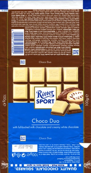 Ritter sport, milk chocolate with white chocolate, 100g, 22.01.2011, Alfred Ritter GmbH & Co. Waldenbuch, Germany