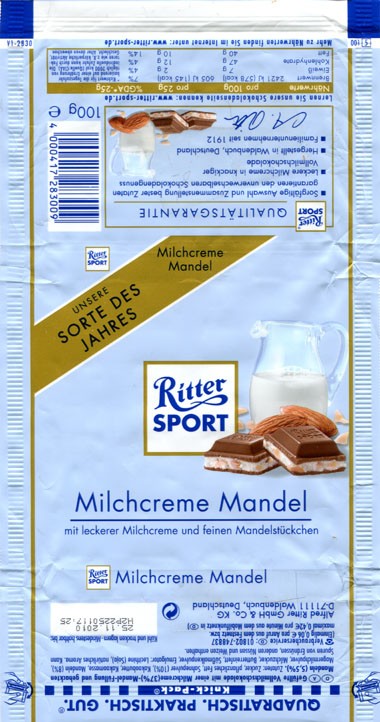 Ritter sport, milk chocolate with milk cream filling and nuts, 100g, 25.11.2009, Alfred Ritter GmbH & Co. Waldenbuch, Germany